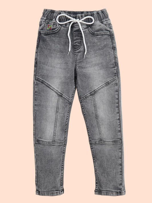 Knit N Knot Boys' Faded Grey Stretchable Cotton Denim Jogger with Drawstring & Elasticated Waist