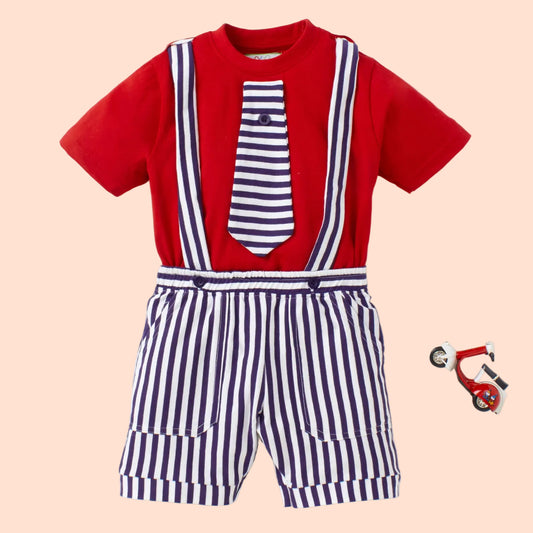 Knit N Knot Boys' Red T-shirt and Shorts with Suspender Combo Set