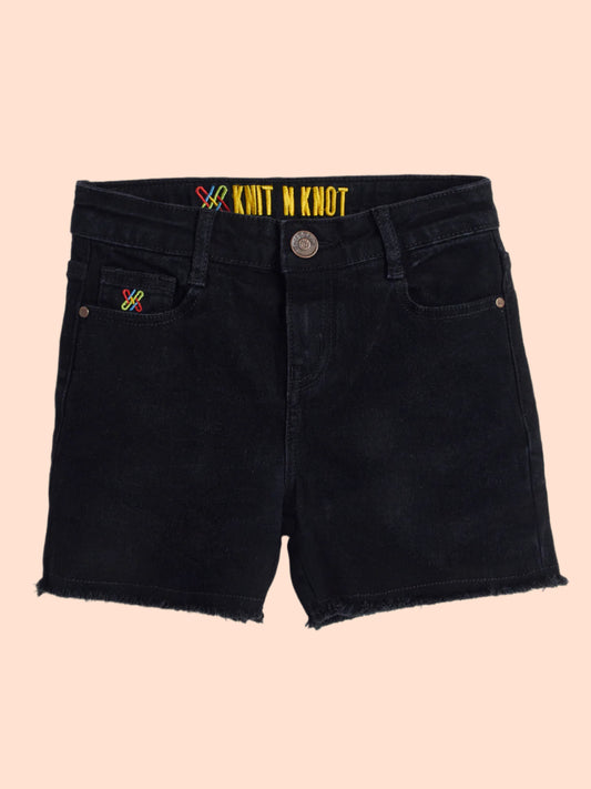 Knit N Knot Girls' Jet Black High Waist Frayed Bottom Denim Shorts