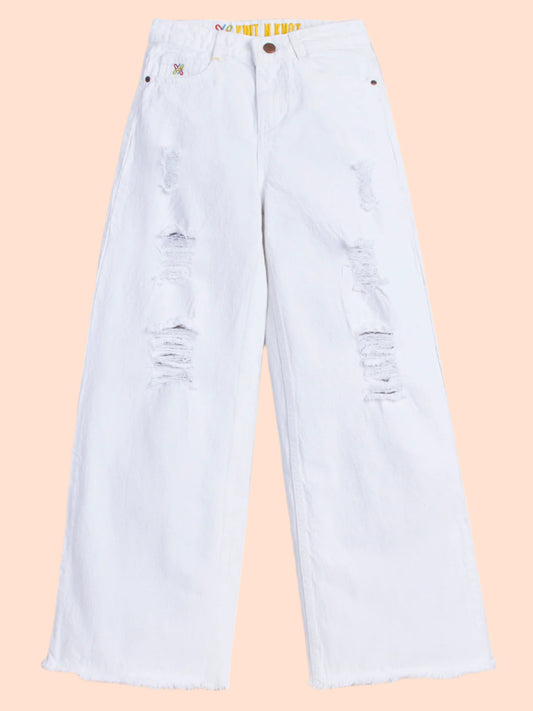 Knit N Knot Girls' Wide Flaring Fit High Waist White Ripped Jeans with Bottom Fringes