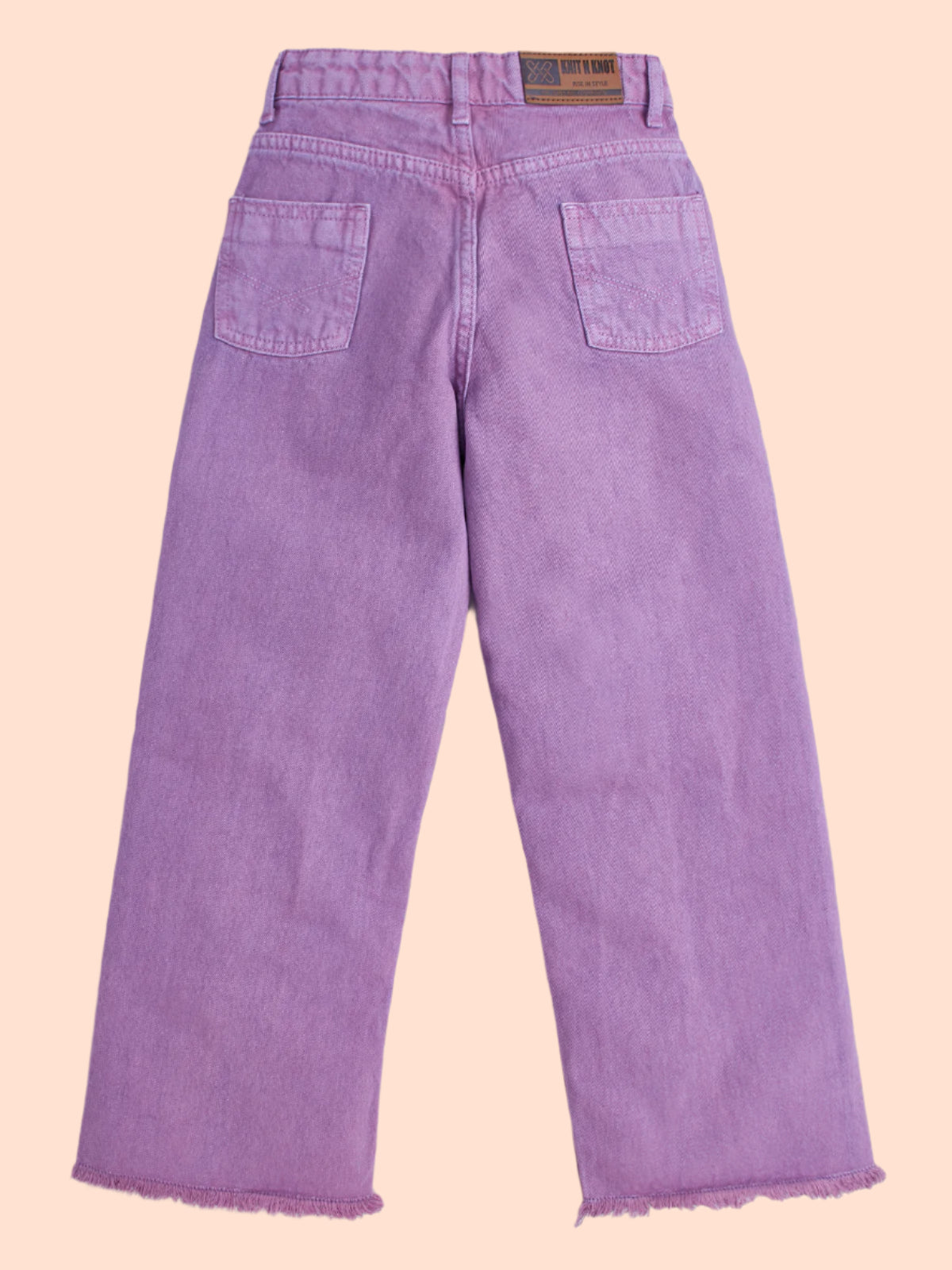 Knit N Knot Girl's Kids Lavender Light Purple Wide Leg Flared Fit Relaxed Loose Colour High Waist Frayed Bottom Jeans | Regular Casual Festival Occassional Wear | Non Stretch | Adjustable Waist