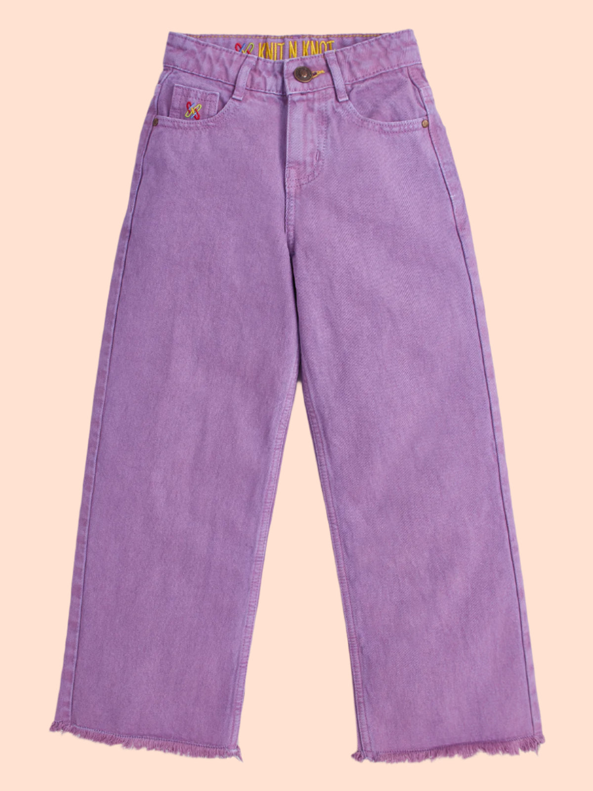 Knit N Knot Girl's Kids Lavender Light Purple Wide Leg Flared Fit Relaxed Loose Colour High Waist Frayed Bottom Jeans | Regular Casual Festival Occassional Wear | Non Stretch | Adjustable Waist