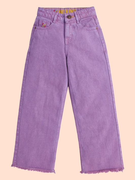 Knit N Knot Girl's Wide Flared Fit, High Waist Frayed Bottom Lavender/ Purple Jeans