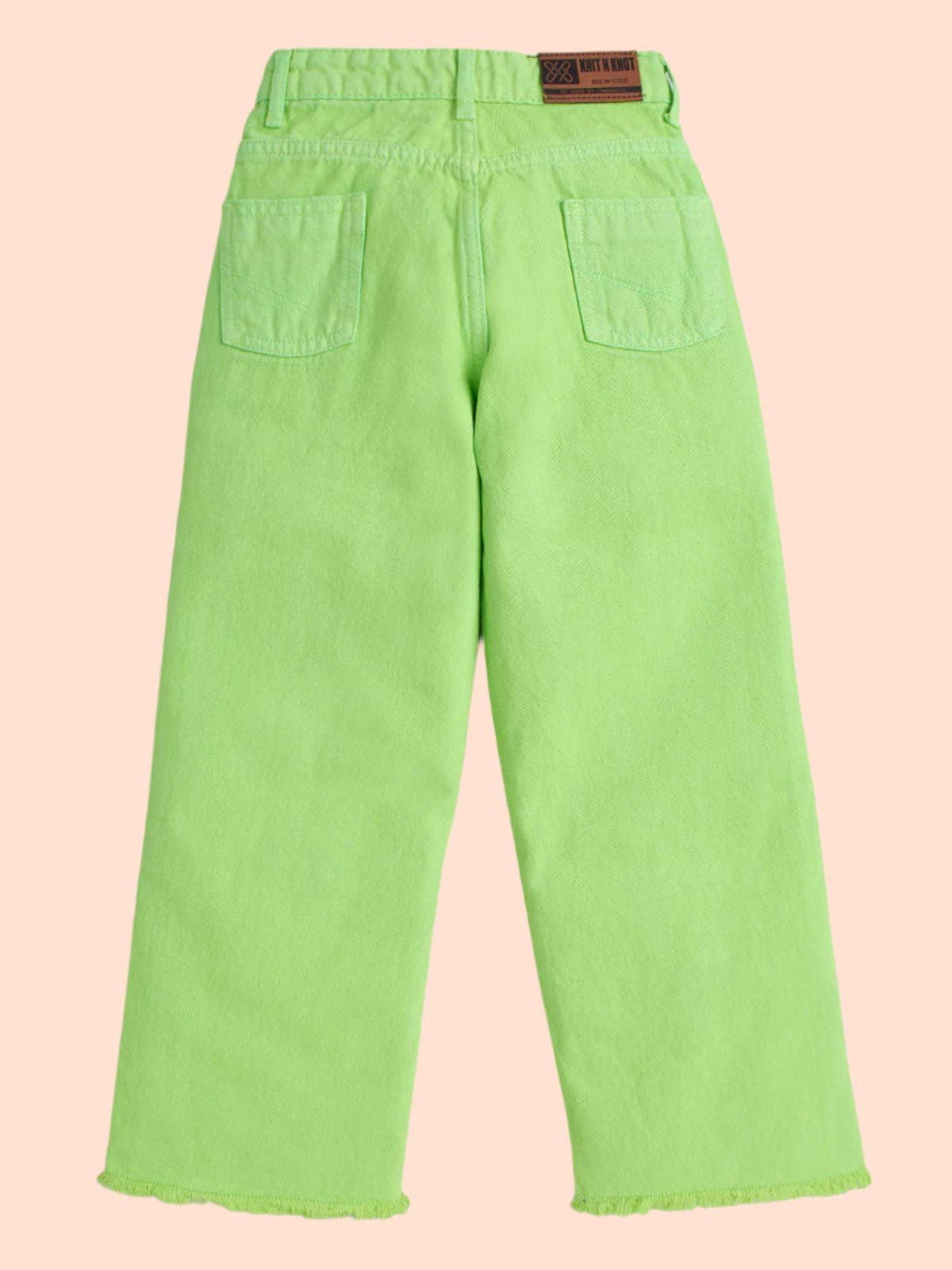 Knit N Knot Girl's Kids Lime Fresh Green Wide Leg Flared Fit Relaxed Loose Colour High Waist Frayed Bottom Jeans | Regular Casual Festival Occassional Wear | Non Stretch | Adjustable Waist