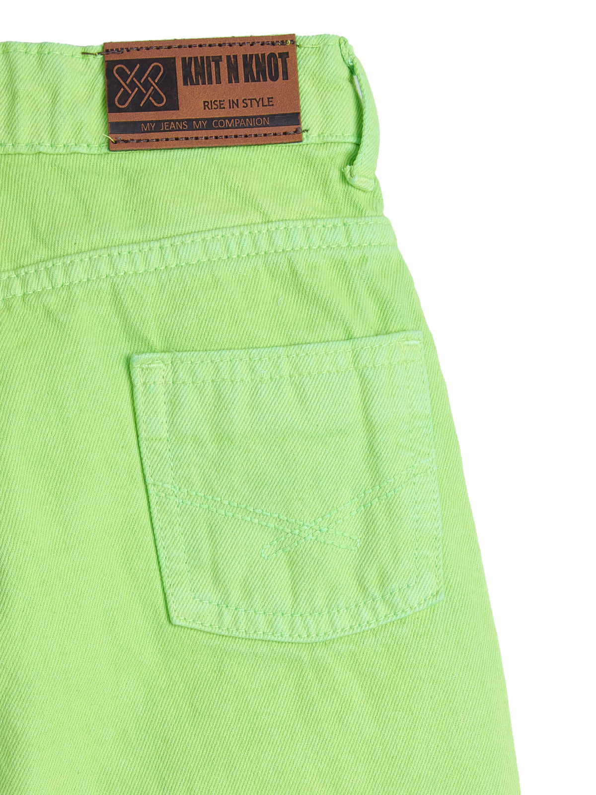 Knit N Knot Girl's Kids Lime Fresh Green Wide Leg Flared Fit Relaxed Loose Colour High Waist Frayed Bottom Jeans | Regular Casual Festival Occassional Wear | Non Stretch | Adjustable Waist