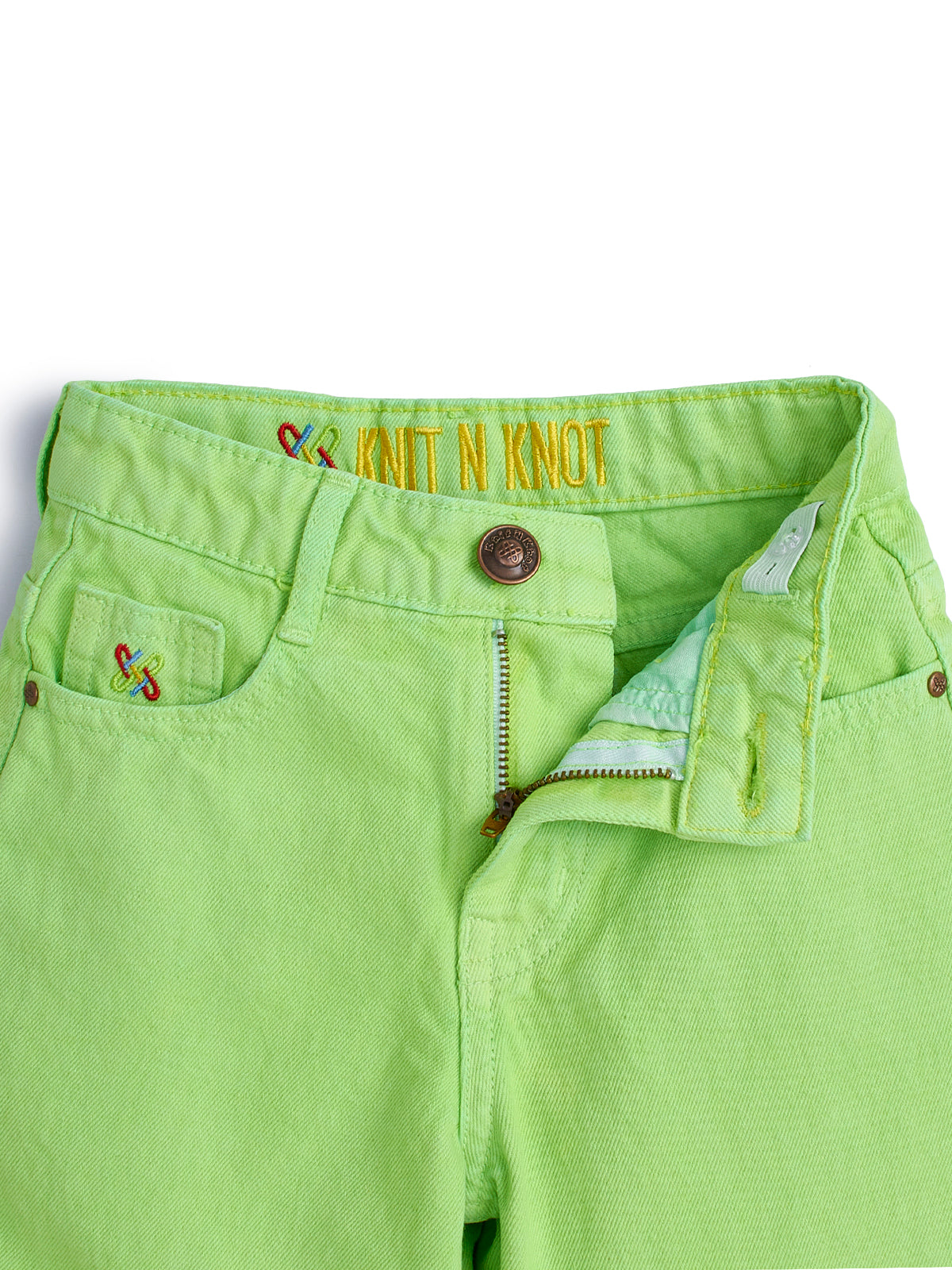 Knit N Knot Girl's Kids Lime Fresh Green Wide Leg Flared Fit Relaxed Loose Colour High Waist Frayed Bottom Jeans | Regular Casual Festival Occassional Wear | Non Stretch | Adjustable Waist