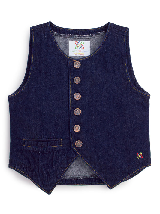 Knit N Knot Girls' Indigo Cotton Denim Co-Ord Set | Waistcoat Style Top with Cargo Jeans