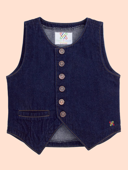 Knit N Knot Girls' Indigo Cotton Denim Co-Ord Set | Waistcoat Style Top with Cargo Jeans