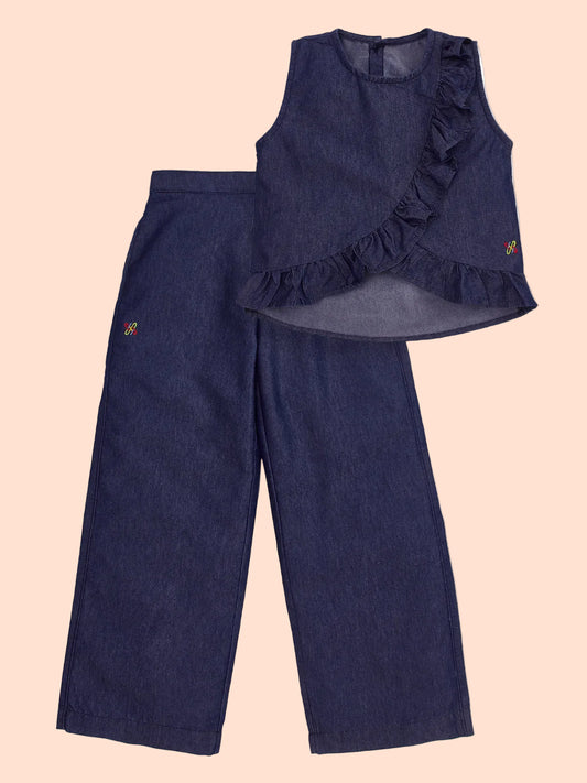 Knit N Knot Girls' Indigo Denim Co-ord Set with Ruffled Top & Palazzo