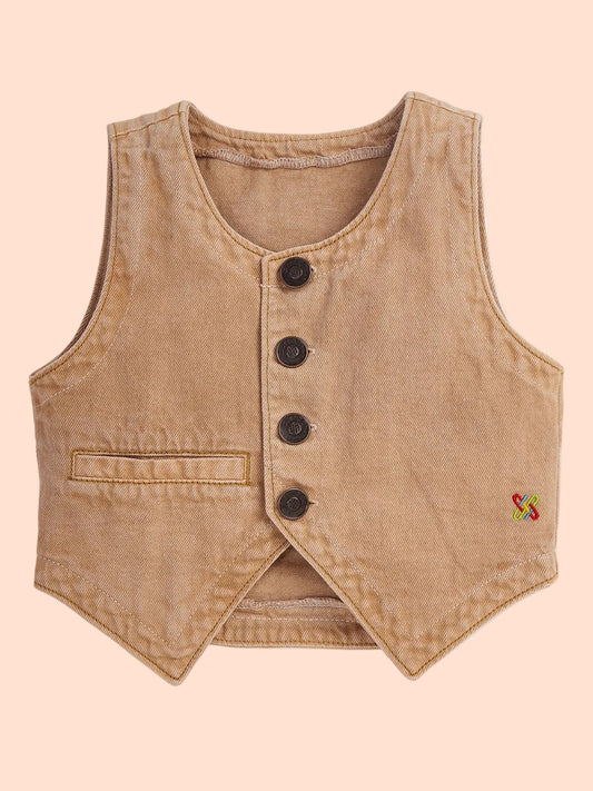 Knit N Knot Girls' Brown Cotton Denim Co-ord Set | Waistcoat Style Top with Cargo Jeans