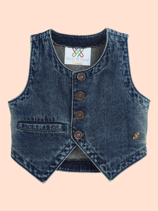 Knit N Knot Girls' Blue Faded Denim Co-ord Set | Waistcoat Style Top with High Waist Wide Flaring Fit Jeans | Cotton Denim Co-Ord Set for Girls
