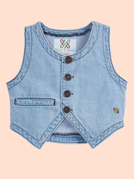 Knit N Knot Girls' Light Blue Cotton Denim Co-ord Set of Sleeveless Waistcoat Top with Lace Panel Wide Leg Palazzo