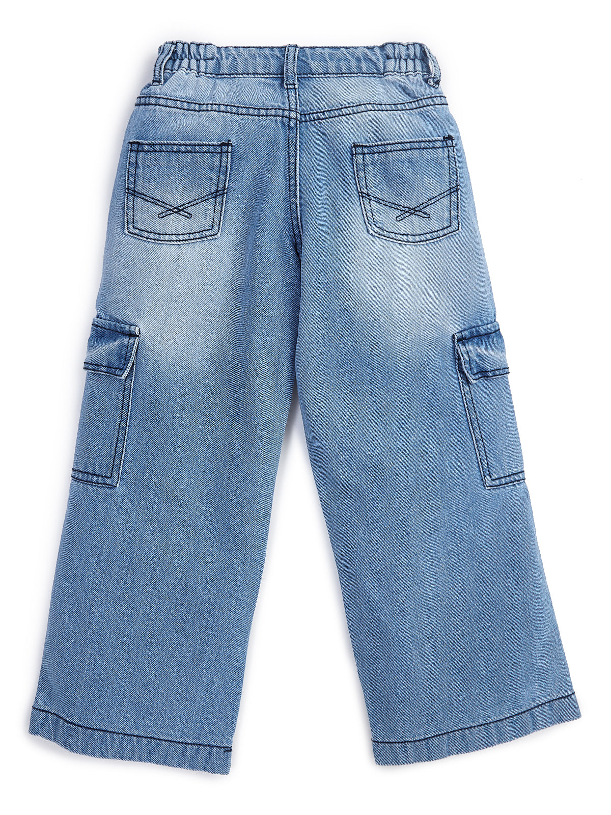 Knit N Knot Girls' Light Blue Faded Cotton Denim Co-Ord Set | Waistcoat Style Top with Cargo Jeans