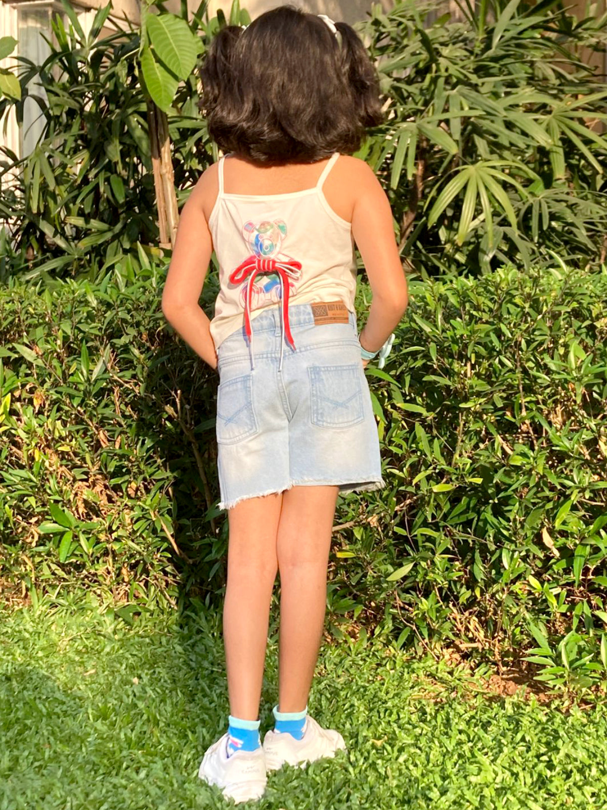 Knit N Knot Girls' Cotton Denim Shorts – Mid-Rise, Thigh-Length, Breathable, and Comfortable | Ruptured, Distressed, Faded | Stylish Casual Wear with Adjustable Waist and 5 Pockets