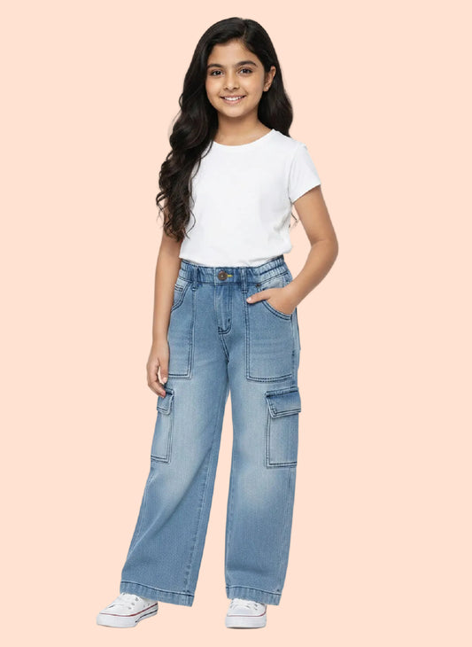 Knit N Knot Girls' Light Blue Elastic Waist Wide Flared Fit 7 Pockets Cotton Denim Cargo Jeans