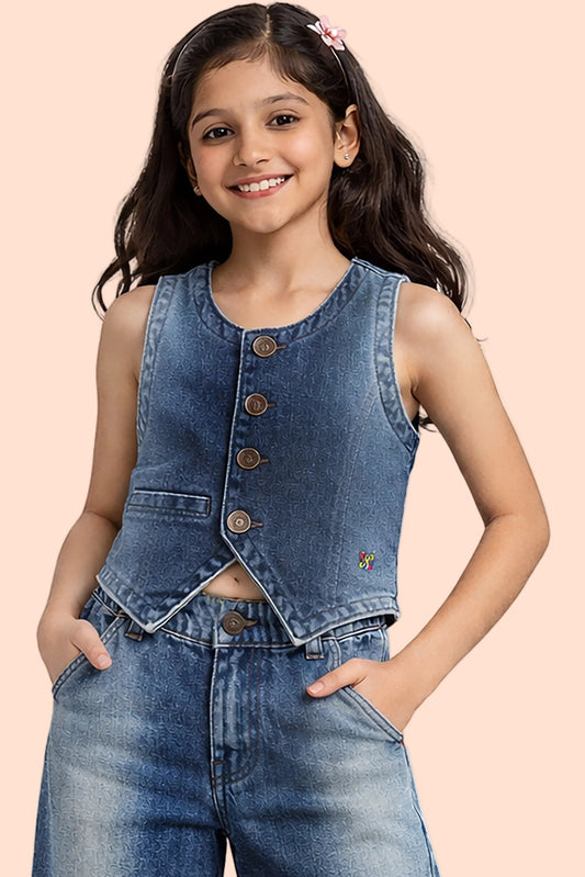 Knit N Knot Girls' Blue Faded Denim Waistcoat Top with Embellished Buttons & Pocket