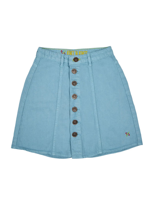 Knit N Knot Girls' Stylish Button Embellished Knee-Length Cotton Denim Turquoise Skirt