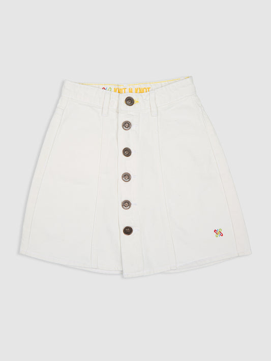 Knit N Knot Girls' Knee-Length Milky White Button Embellished Cotton Denim Skirt