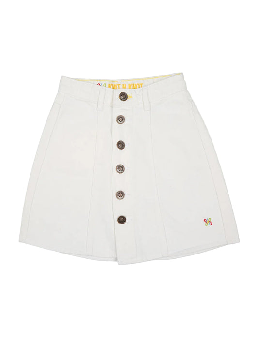 Knit N Knot Girls' Knee-Length Milky White Button Embellished Cotton Denim Skirt