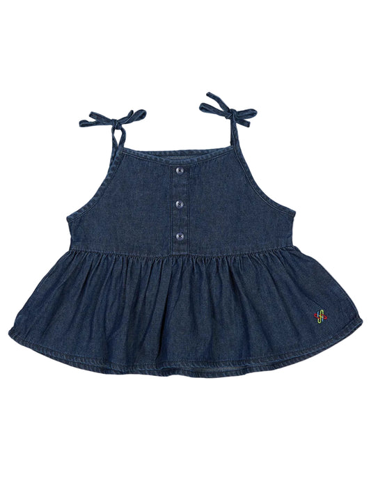 Knit N Knot Girls' Indigo Sleeveless Denim Top with Adjustable Tie-Straps & Frilled Hem