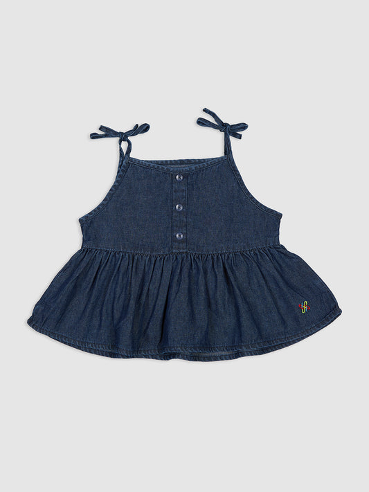 Knit N Knot Girls' Indigo Sleeveless Denim Top with Adjustable Tie-Straps & Frilled Hem