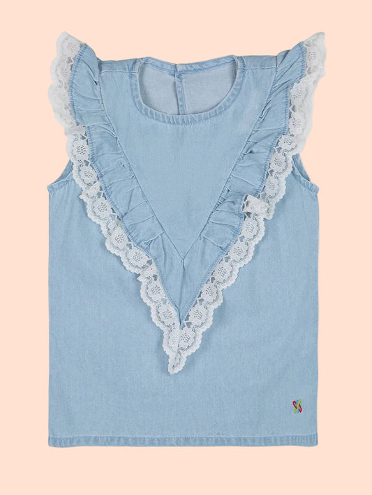 Knit N Knot Girls' Light Blue Denim Co-ord Set of Sleeveless V-Lace Top & Lace Embellished Wide Leg Palazzo