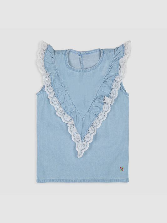 Knit N Knot Girls' Light Blue Sleeveless Denim Top with V-Shaped Ruffle & Lace