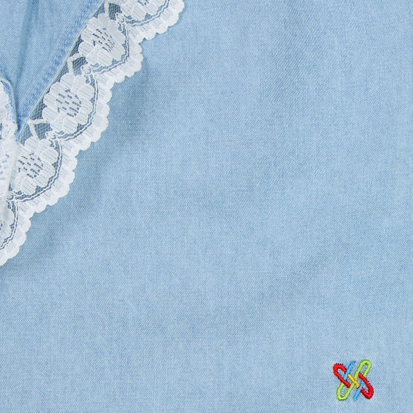 Knit N Knot Girls' Light Blue Sleeveless Denim Top with V-Shaped Ruffle & Lace