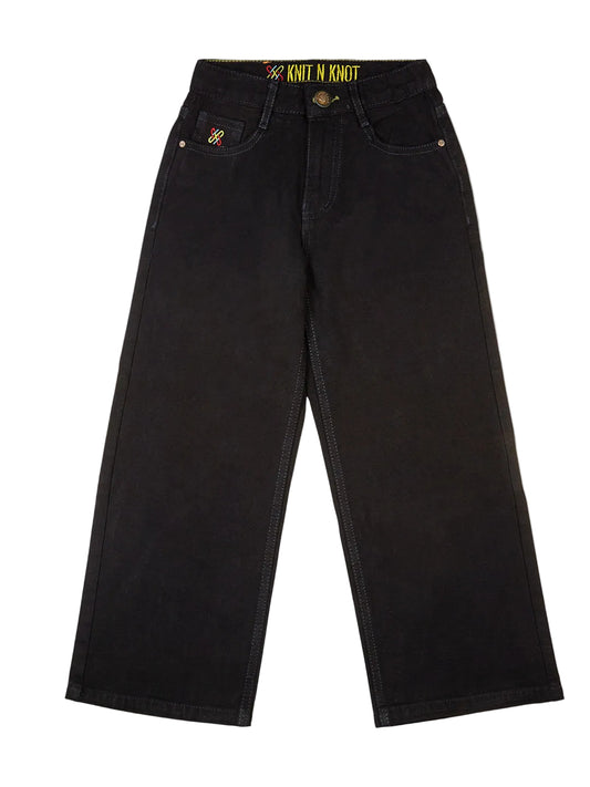 Knit N Knot Girls Jet Black High-Waist Wide Flaring Denim Jeans