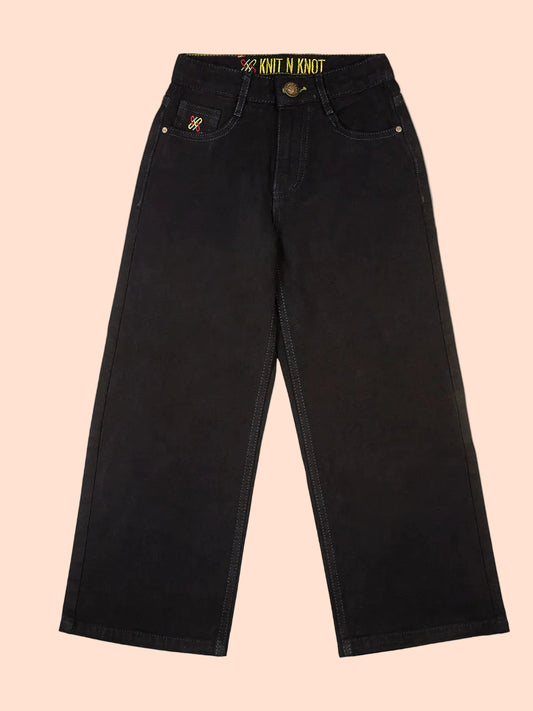 Knit N Knot Girls Jet Black High-Waist Wide Flaring Denim Jeans