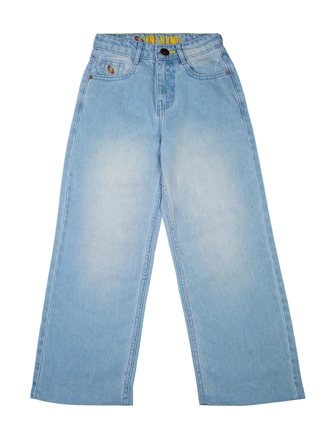 Knit N Knot Girls Ice Blue Denim Peplum Spagetti string Top & Wide Leg Jeans Co-ord Set