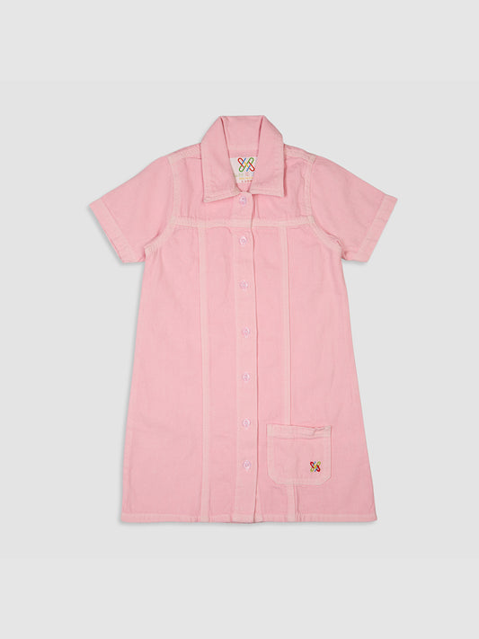 Knit N Knot Girls' Pink Denim Shirt Dress with Front Buttons & Stitch Detailing – Cotton Dress for Girls
