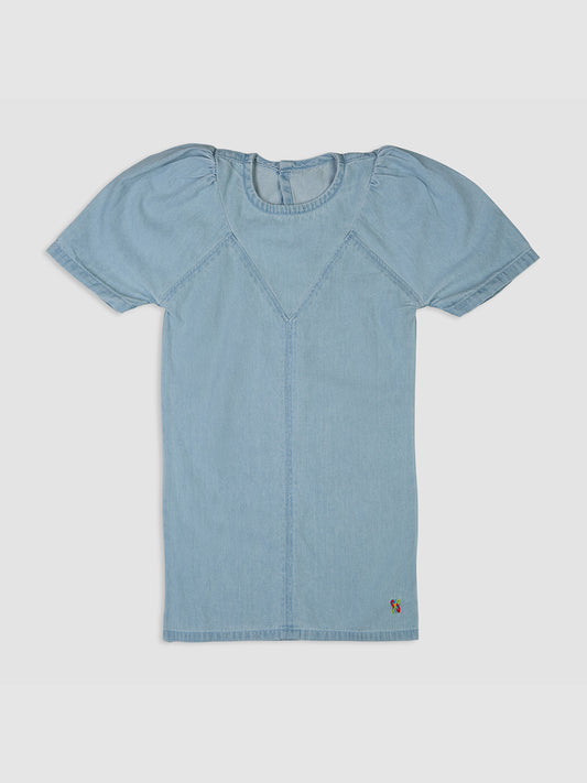 Knit N Knot Girls' Light Blue Denim Dress with Stylish Stitch and Puff Sleeves