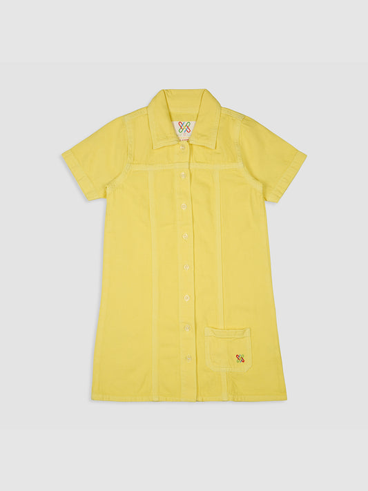 Knit N Knot Girls' Yellow Denim Shirt Dress with Front Buttons & Stitch Detailing – Cotton Dress for Girls