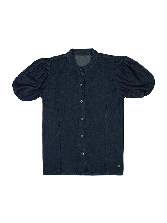 Knit N Knot Girls' Indigo Denim Shirt-Style Top with Puff Sleeves