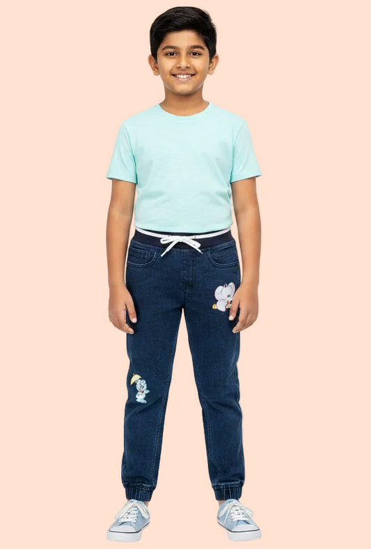 Knit N Knot Boys' Stretchable Navy Jogger with Embroidery Design
