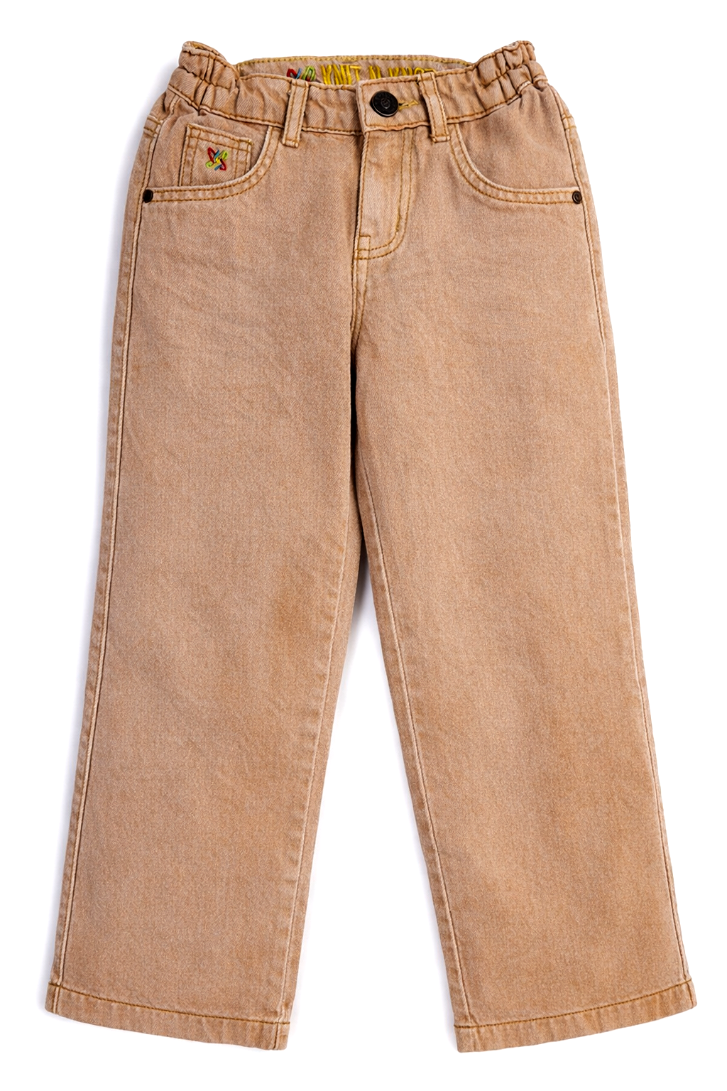 Knit N Knot Girls Tan Brown Wide Leg Cotton Denim Jeans with Elasticated Waist