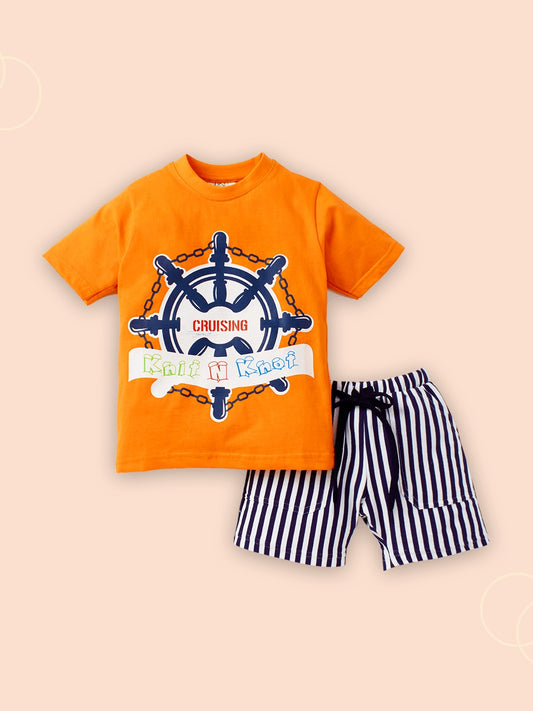 Knit N Knot Boys' Orange Nautical Print T-shirt and Shorts Combo Set