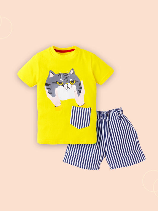 Knit N Knot Boys' Lemon Yellow  Cat Print T-shirt and Shorts Combo Set