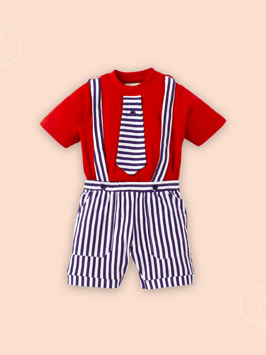 Knit N Knot Boys' Red T-shirt and Shorts with Suspender Combo Set