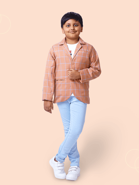 Knit N Knot Boys' Peach Blazer, Printed T-shirt and Light Blue Jeans Set