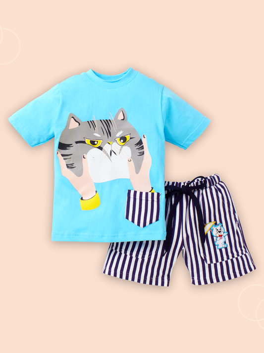 Knit N Knot Boys' Sky Blue Cat Print  T-shirt and Shorts Combo Set