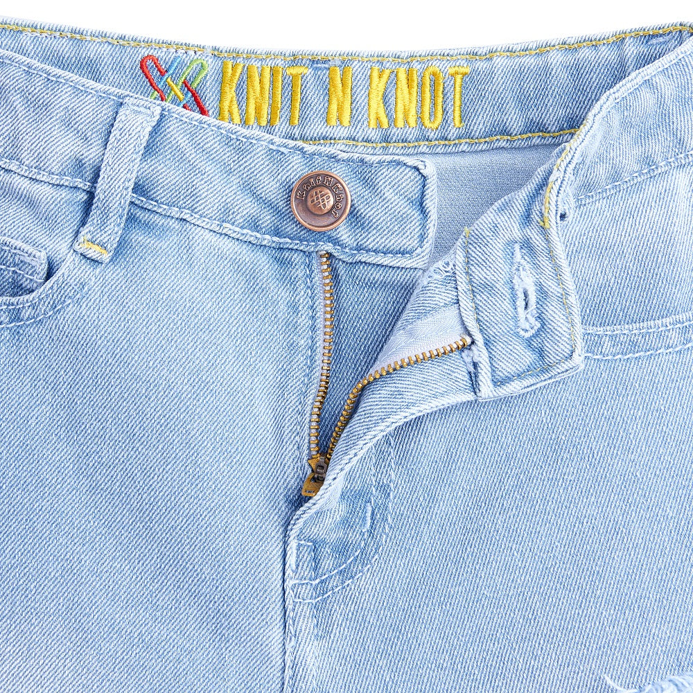 Knit N Knot Girls' Wide Flaring Fit High Waist Light Blue Tearing Jeans with Bottom Fringes