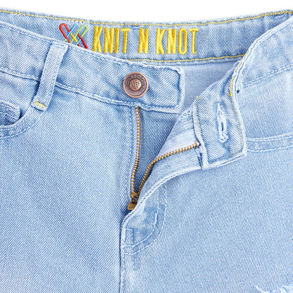 Knit N Knot Girls' Wide Flaring Fit High Waist Light Blue Tearing Jeans with Bottom Fringes