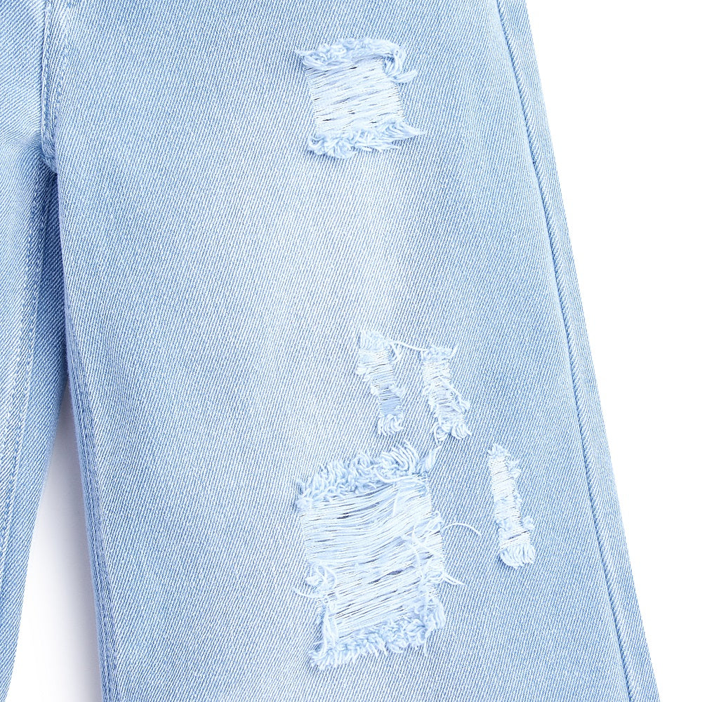 Knit N Knot Girls' Wide Flaring Fit High Waist Light Blue Tearing Jeans with Bottom Fringes