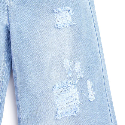 Knit N Knot Girls' Wide Flaring Fit High Waist Light Blue Tearing Jeans with Bottom Fringes