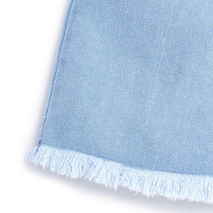 Knit N Knot Girls' Wide Flaring Fit High Waist Light Blue Tearing Jeans with Bottom Fringes