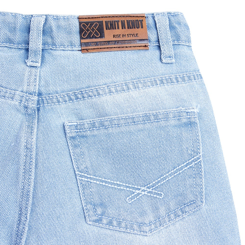Knit N Knot Girls' Wide Flaring Fit High Waist Light Blue Tearing Jeans with Bottom Fringes