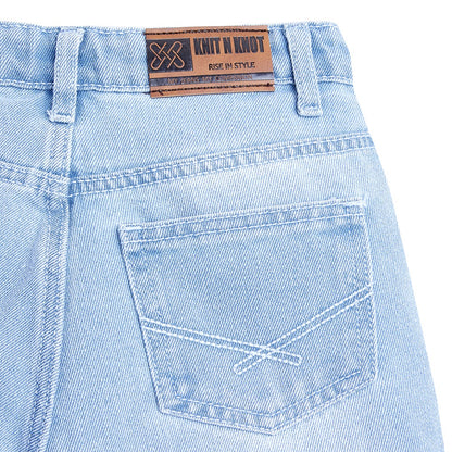 Knit N Knot Girls' Wide Flaring Fit High Waist Light Blue Tearing Jeans with Bottom Fringes