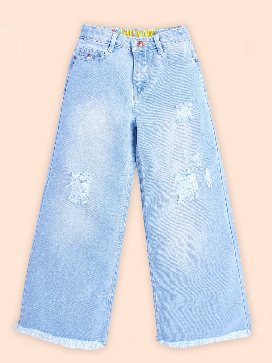 Knit N Knot Girls' Wide Flaring Fit High Waist Light Blue Tearing Jeans with Bottom Fringes